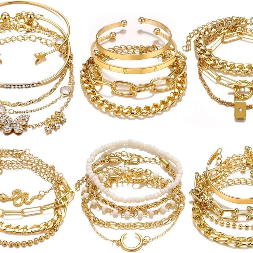 24-25 Pcs 6 Pack 14K Gold Ankle Bracelets Set for Women Boho Stackable Bangles C